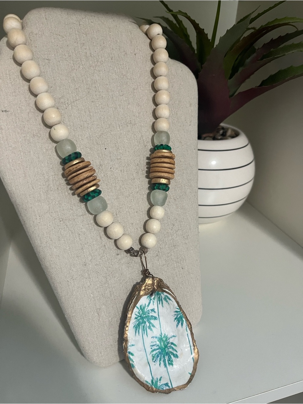 Handmade Cream Bead Necklace with Palm Shell Pendant